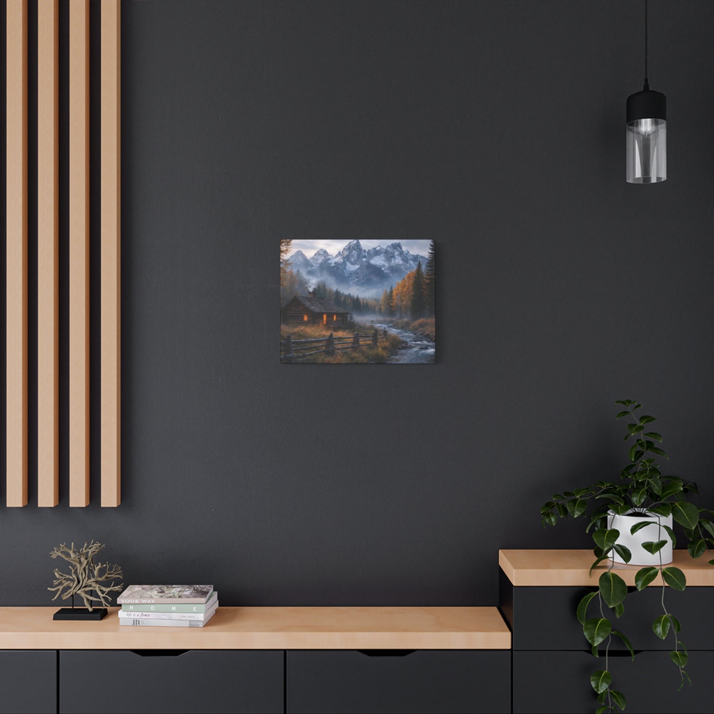 Mountain Cabin Canvas Print — Cozy Rustic Landscape Wall Art, Stretched Matte 1.25"