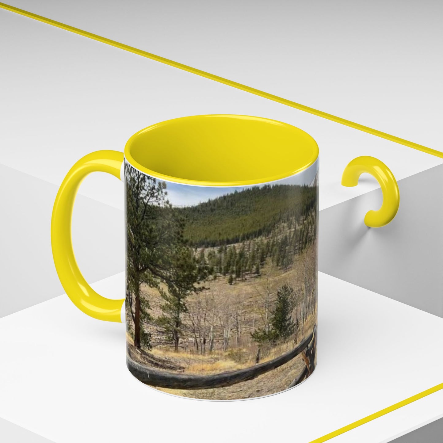 Empire Colorado Mountains Accent Coffee Mug — Scenic Pine Forest & Rustic Fence 11oz/15oz