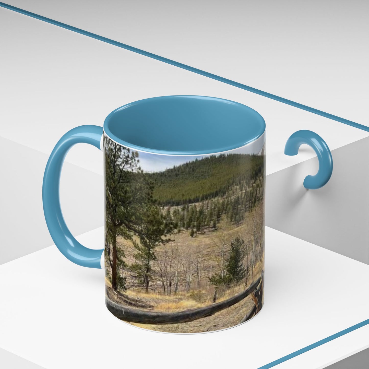 Empire Colorado Mountains Accent Coffee Mug — Scenic Pine Forest & Rustic Fence 11oz/15oz