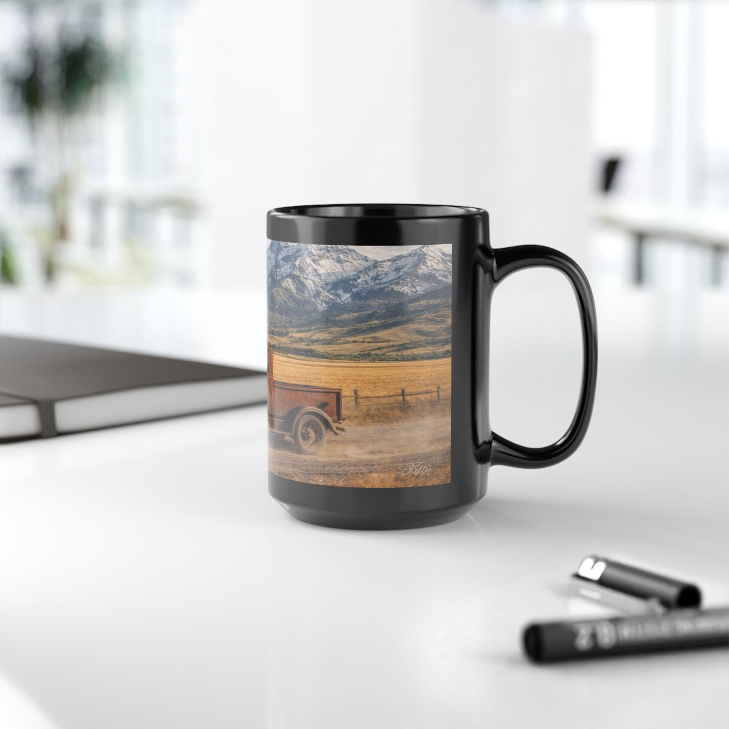 Vintage Pickup Truck Scenic Black Mug — Rustic Mountain Road Coffee Cup (15oz)