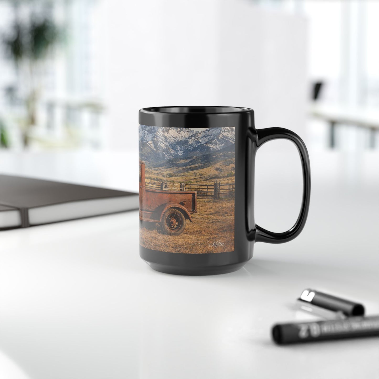 Vintage Truck Mountain Landscape Coffee Mug — Rustic Farmhouse Black Mug (15oz)