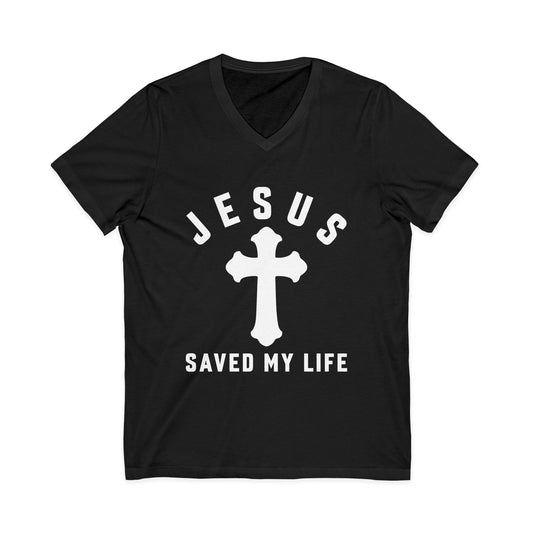 Christian V‑Neck Tee — "Jesus Saved My Life" Cross Faith T‑Shirt