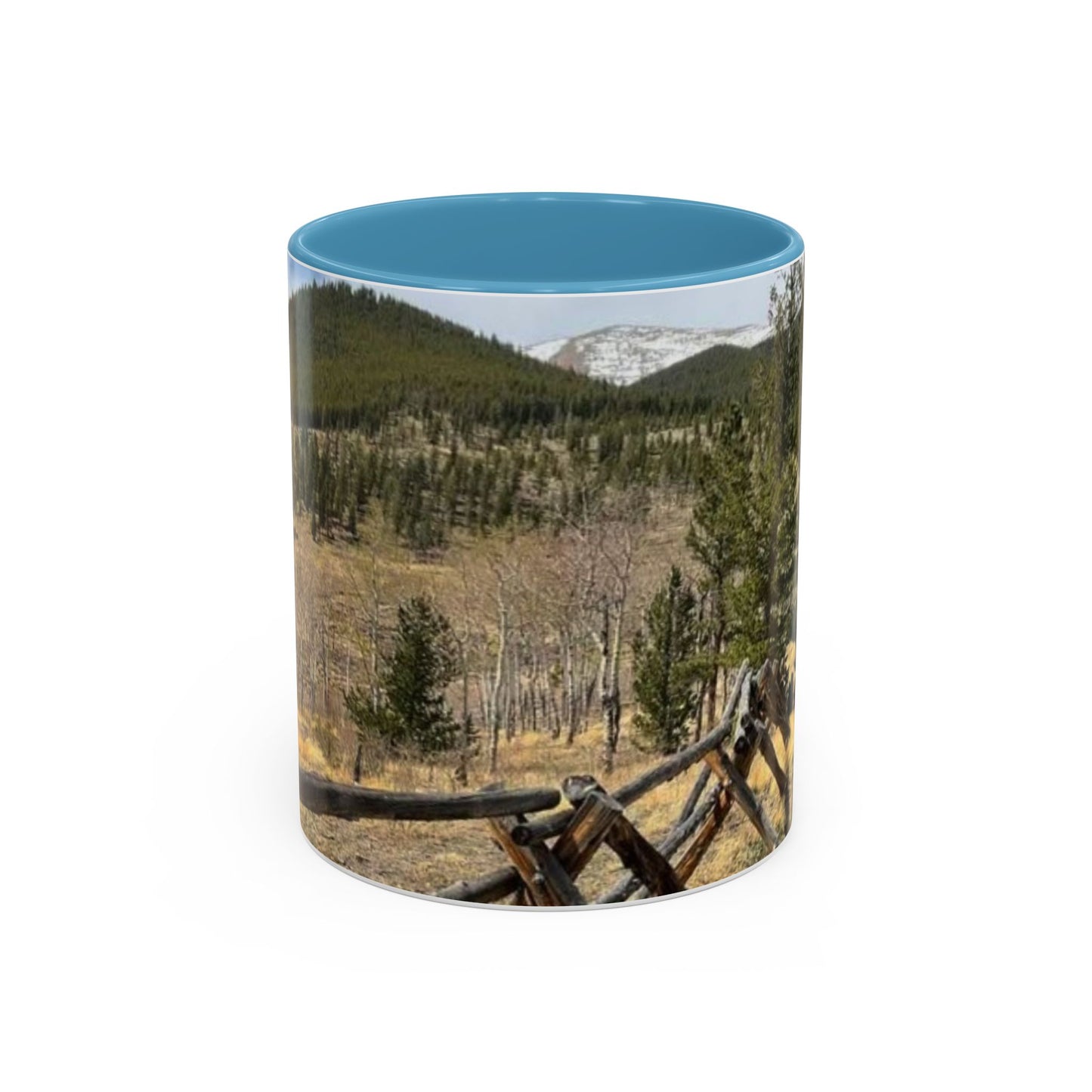 Empire Colorado Mountains Accent Coffee Mug — Scenic Pine Forest & Rustic Fence 11oz/15oz