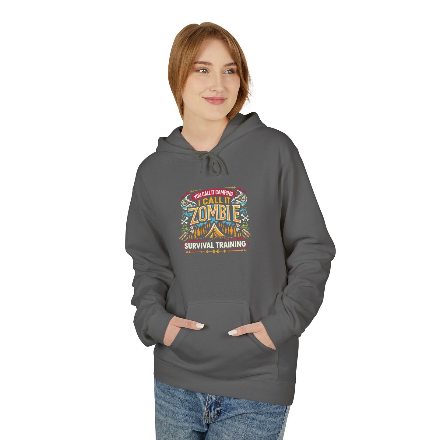 Zombie Survival Training Hoodie — Retro Tropical Camping Graphic