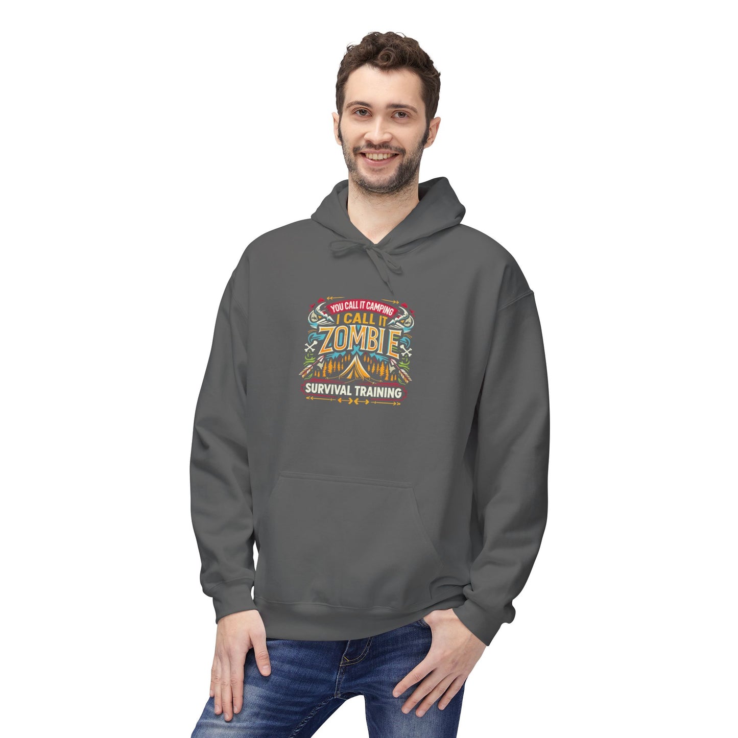 Zombie Survival Training Hoodie — Retro Tropical Camping Graphic