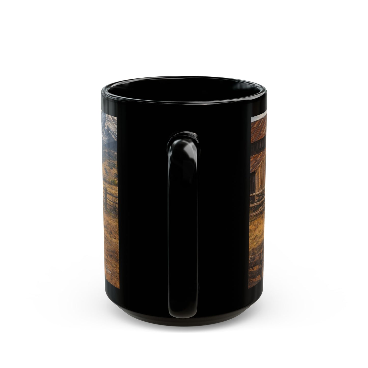 Vintage Truck Mountain Landscape Coffee Mug — Rustic Farmhouse Black Mug (15oz)