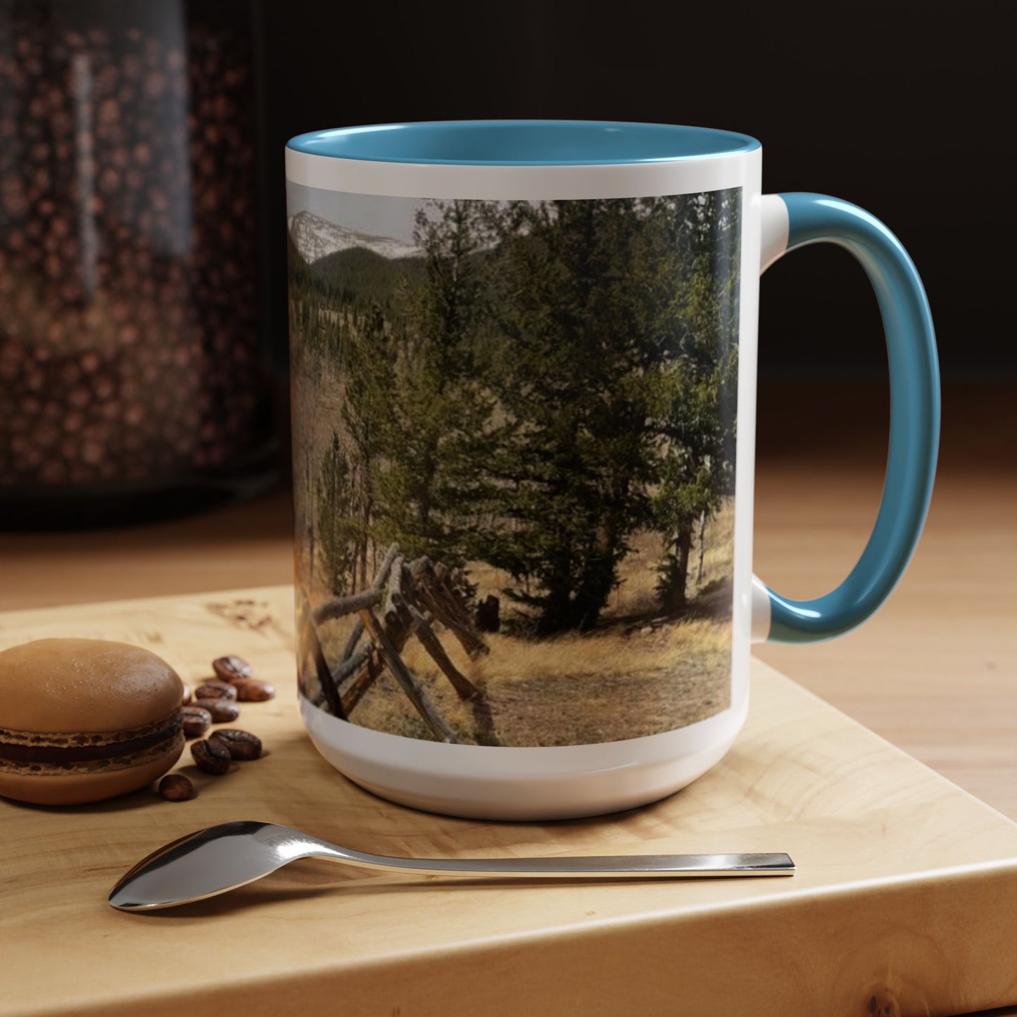 Empire Colorado Mountains Accent Coffee Mug — Scenic Pine Forest & Rustic Fence 11oz/15oz