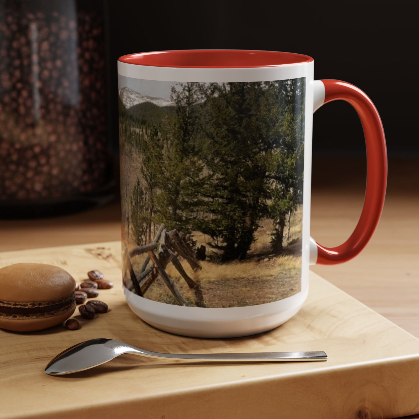 Empire Colorado Mountains Accent Coffee Mug — Scenic Pine Forest & Rustic Fence 11oz/15oz