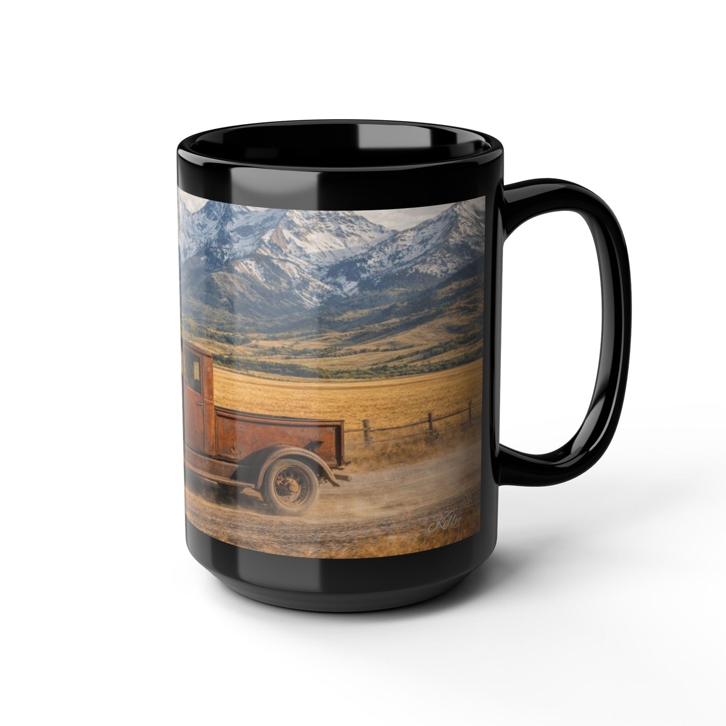 Vintage Pickup Truck Scenic Black Mug — Rustic Mountain Road Coffee Cup (15oz)