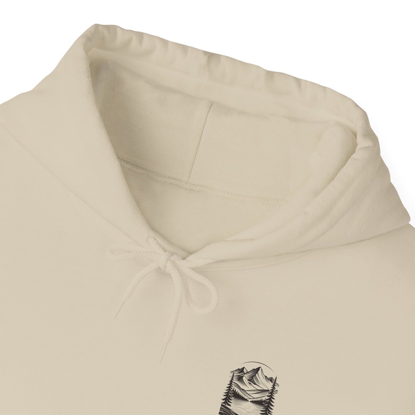 Minimalist 'Mountain Scene Sketch' Hoodie — Small Chest & Sleeve Sketch Print