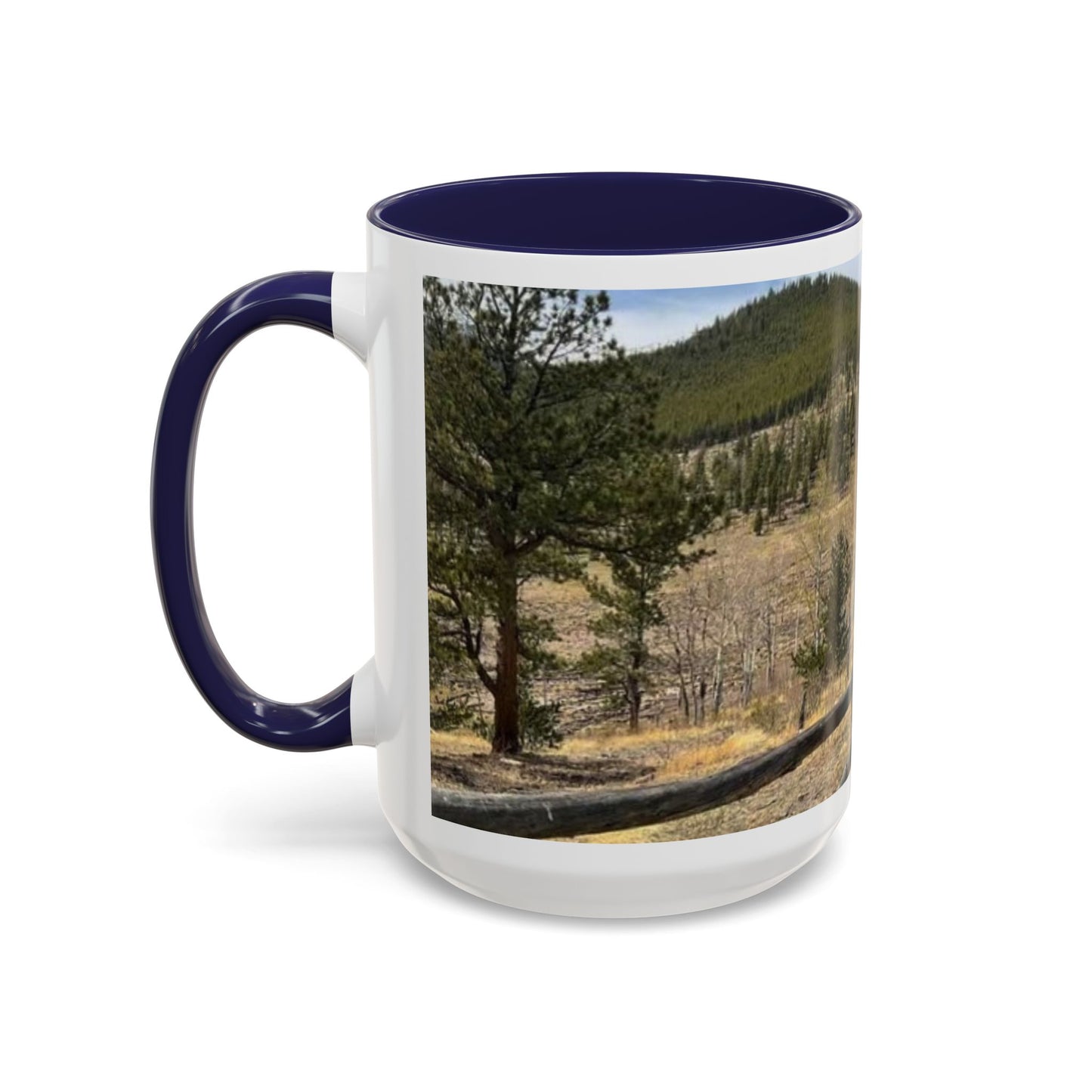 Empire Colorado Mountains Accent Coffee Mug — Scenic Pine Forest & Rustic Fence 11oz/15oz