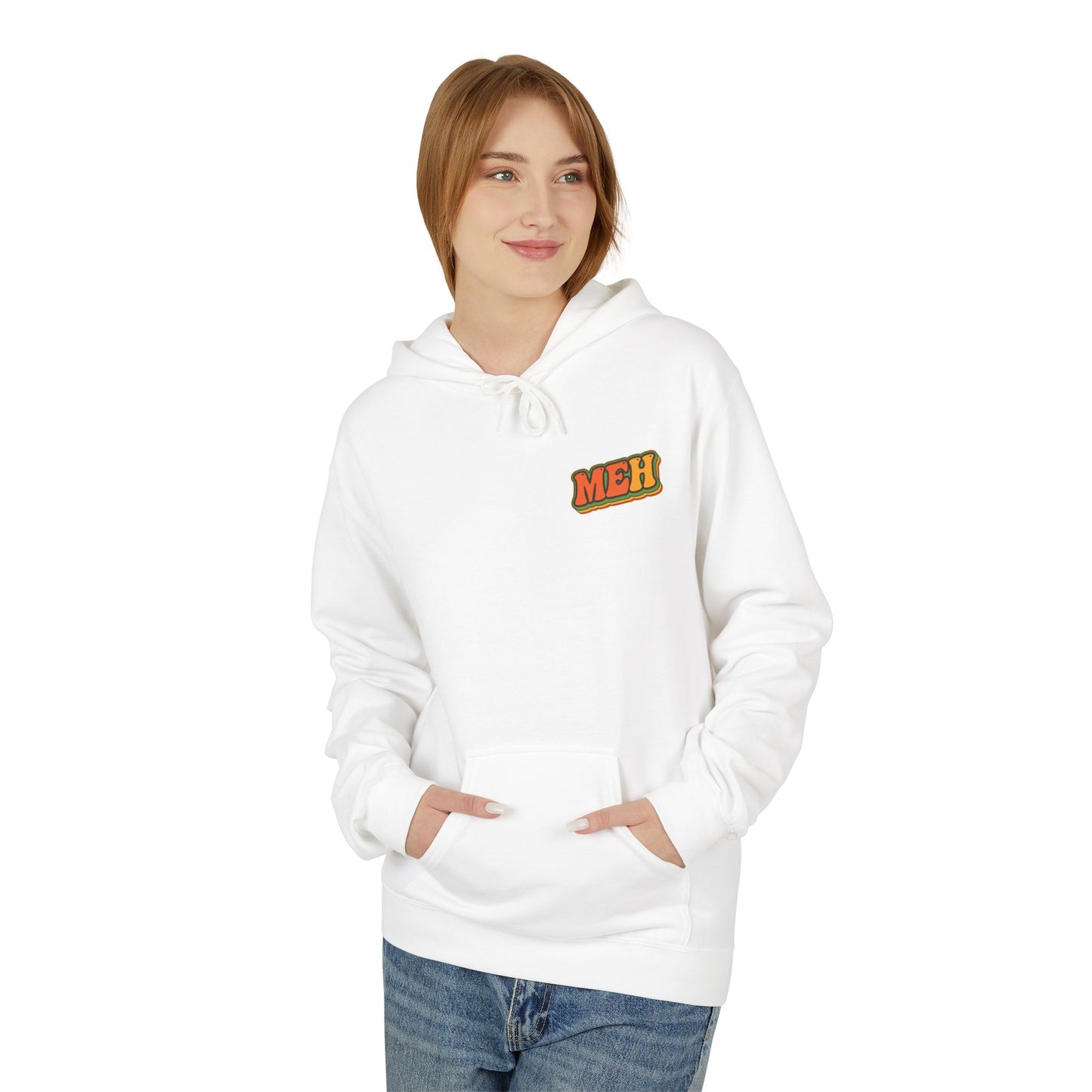 Meh Graphic Hoodie — Casual Retro Typography Pullover