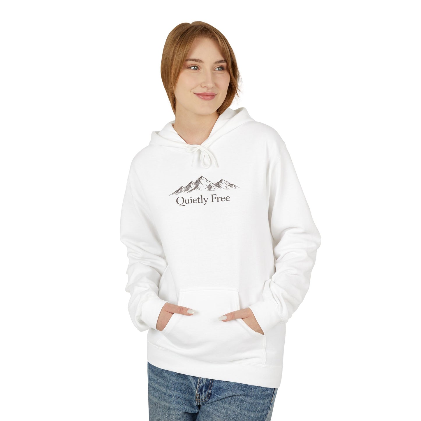 Quiet & Free Mountain Hoodie — Minimal Nature Graphic Pullover