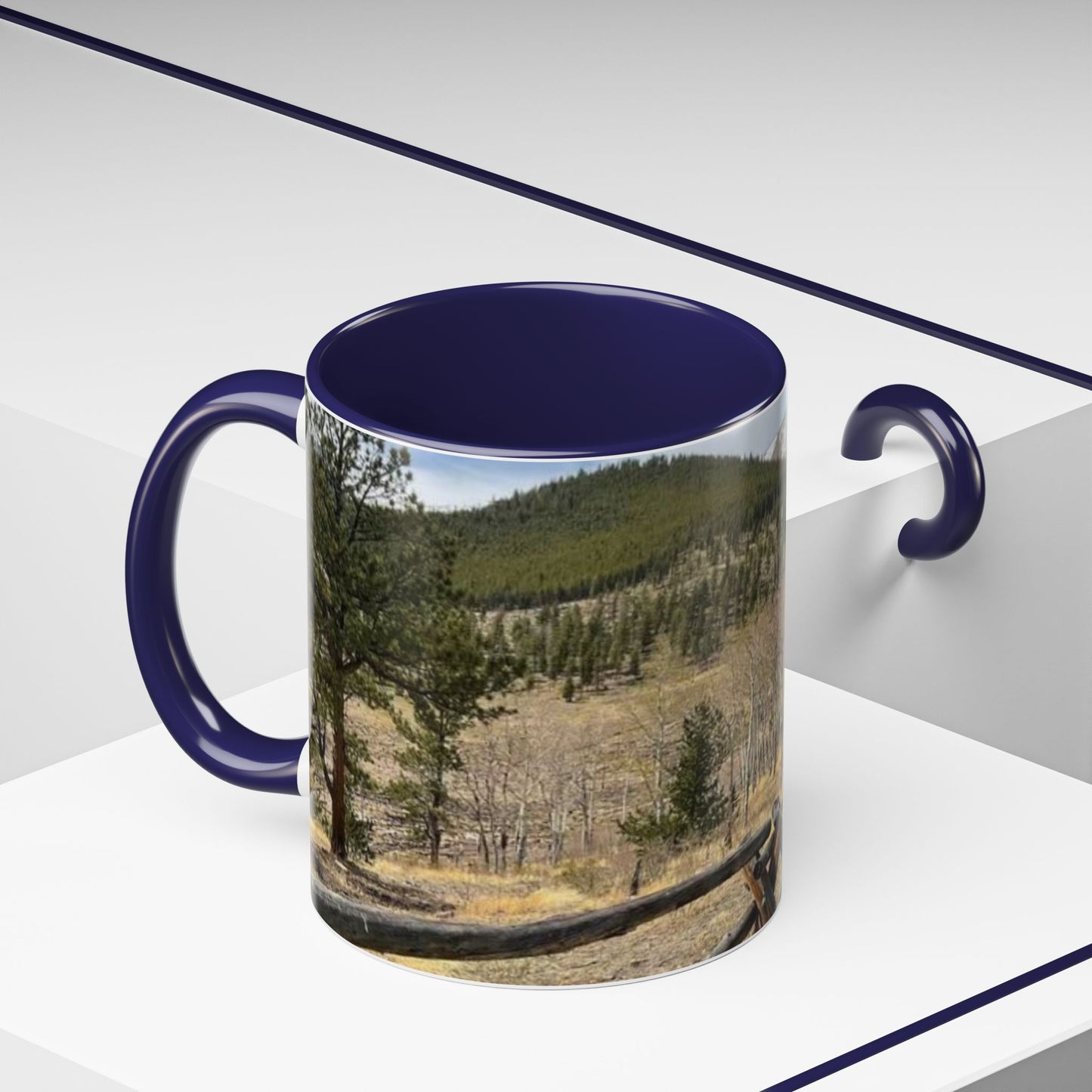 Empire Colorado Mountains Accent Coffee Mug — Scenic Pine Forest & Rustic Fence 11oz/15oz